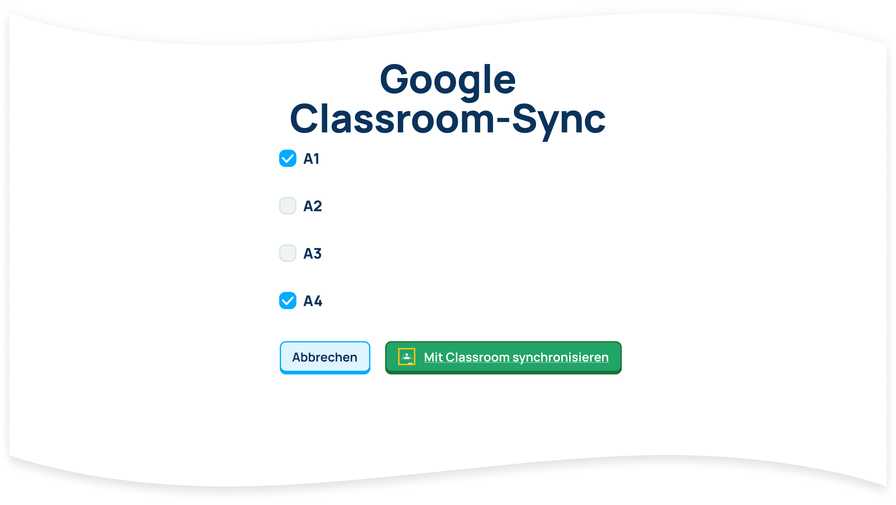 Wählen Sie die Klassen aus, die Sie zu Ratatype hinzufügen möchten, und klicken Sie auf die Schaltfläche Mit Klassenzimmer synchronisieren. Sie können eine beliebige Anzahl von Klassen auswählen.